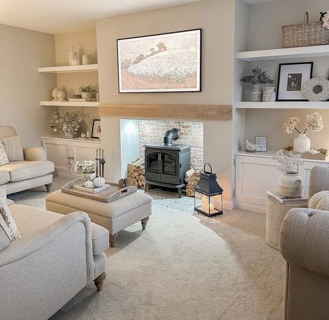 Grey Living Room Ideas, Alcove Ideas Living Room, Cottage House Interior, Log Burner Living Room, Lounge Room Styling, House Interior Ideas, Grey Living Room, Living Room Decor Neutral, Classy Living Room