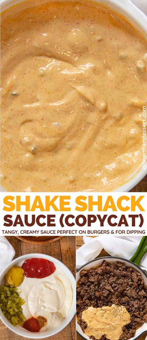 Shake Shack Sauce (Copycat) is a tangy, creamy sauce that's perfect on burgers or for dipping! #sauce #shakeshack #frysauce #burgersauce #shakeshacksauce #shackburger #dippingsauce #dinnerthendessert Copycat Shake Shack Sauce, Shake Shack Sauce Recipe, Best Sauce For Burgers, Veggie Burger Sauce, Shake Shack Copycat Recipes, Shake Shack Cheese Sauce, Smashed Burger Sauce, How To Make Burger Sauce, Special Burger Sauce