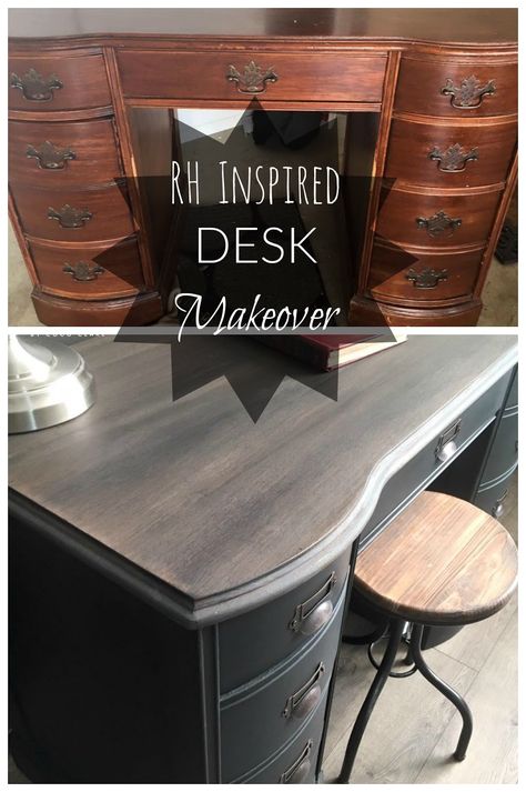 from Gardners 2 Bergers: Restoration Hardware Inspired Desk Refinishing Desk Ideas Wood Furniture, Dark Desk With Drawers, Wood Desk Upcycle, Desk Redo Before After, Desk Refinishing Ideas Wood, Refurbished Office Desk, Refinish Desk Ideas Diy, Painting Desk Ideas Diy, Desk Color Ideas