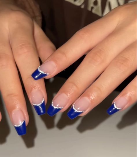 Dark Blue Nails Tips, Almond Royal Blue French Tip Nails, Hoco Nails Royal Blue Dress, Navy Nails For Prom, Blue French Tips With Silver Line, Cobalt Blue And Silver Nails, Royal Blue And Silver Nails Almond, Sparkly Navy Blue French Tip Nails, Prom Nails Dark Blue And Silver