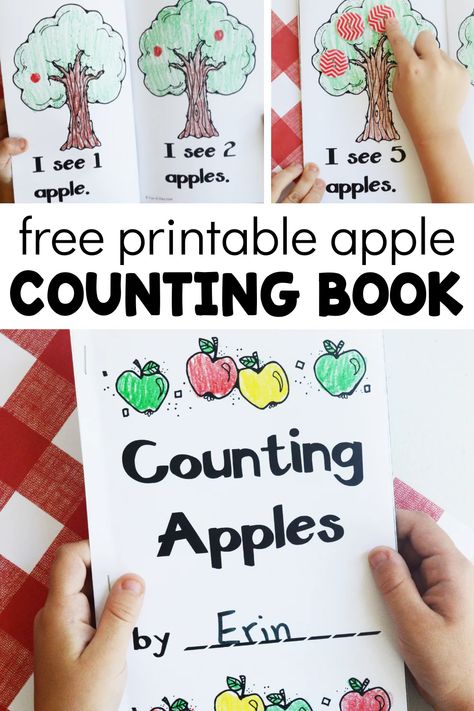 Grab a copy of the free printable apple counting book by clicking on the Fun-A-Day.com link. It's perfect as part of your next preschool, pre-k, or kindergarten apple theme. Literacy math, and fine motor skills in one simple printable. Kindergarten Apple Theme, Apple Theme Kindergarten, Math Apple Activities, Apple Counting, Number Activities Preschool, Preschool Apple Theme, Apple Kindergarten, Apple Life Cycle, Apple Math