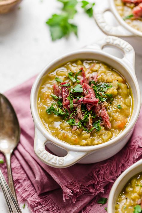 busy weeknight meals. It's also freezer friendly, so you can make a batch and freeze the leftovers for another night. Slow Cook Ham, Pea Soup With Ham Hock, Soup With Ham Hock, Soup Skinnytaste, Split Pea Ham Soup, Slow Cooker Split Pea Soup, Split Pea And Ham Soup, Ham Hock Soup, Split Pea Soup Crockpot