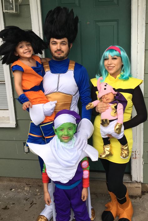 Goku, Piccolo, Majin Bu, Vegeta, Bulma, DIY, Family Costumes, Boys, Family of 5, Dragon Ball Z, DBZ Dragon Ball Z Halloween Costumes, Bulma Costume, Goku Halloween, Goku Costume, Family Themed Halloween Costumes, Sibling Halloween Costumes, Halloween Parejas, Themed Halloween Costumes