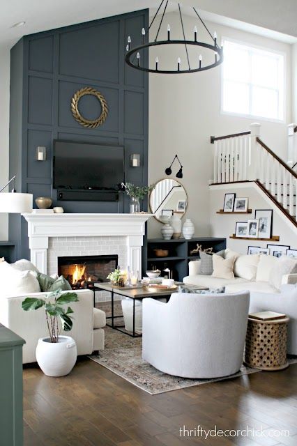 Tall Fireplace, Thrifty Decor Chick, Morning Room, Thrifty Decor, Home Fireplace, Fireplace Makeover, Living Room With Fireplace, Fireplace Design, A Living Room