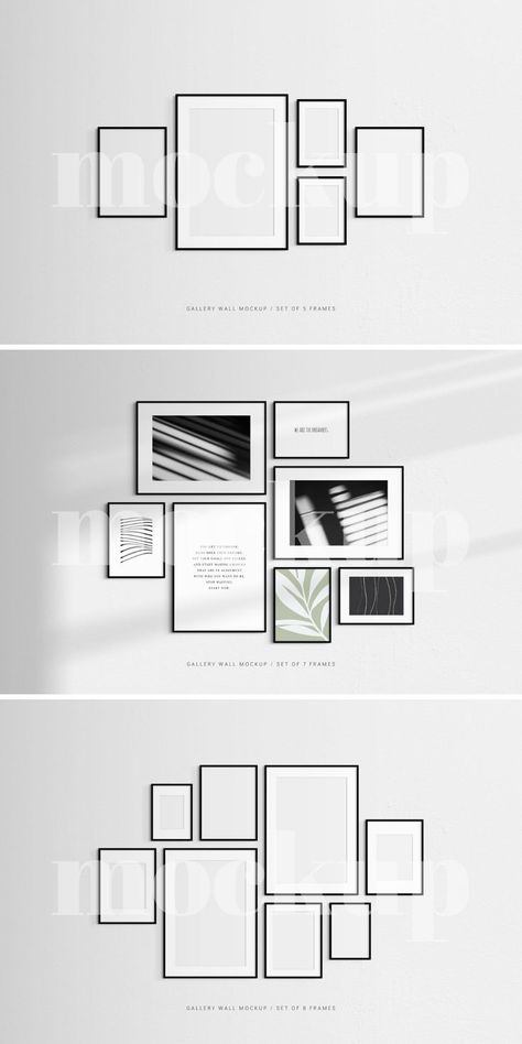 Gallery Wall Mockups ∣ Black Frame Mockups ∣ Art Mockups ∣ PSD Gallery Wall Frame Mockups Gallery Wall Black Frames, Photo Wall Layout, Picture Frame Layout, Picture Frame Arrangements, Gallery Wall Template, Gallery Wall Mockup, Picture Arrangements, Frame Layout, Picture Gallery Wall