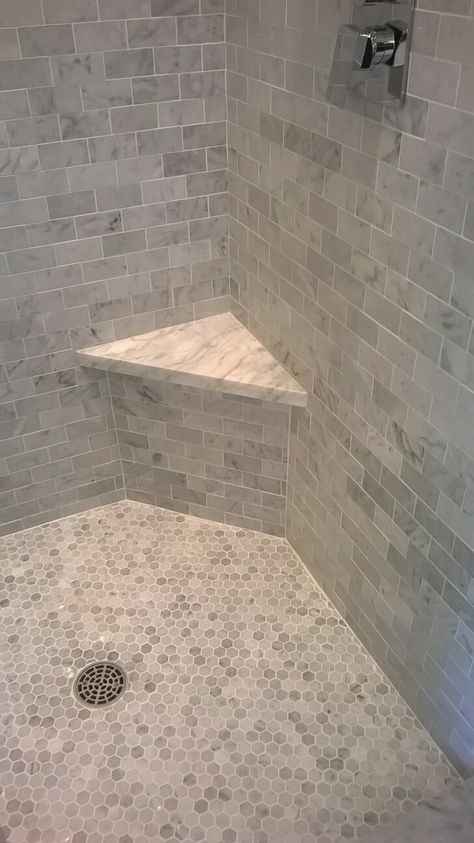 Beautiful marble shower with corner bench. www.floortxkaty.com Shower With Corner Bench, Corner Shower Remodel, Shower Bench Built In, Diy Master Bath, Corner Shower Bench, Tub To Shower Remodel, Shower Remodel Diy, Small Shower Remodel, Corner Seating