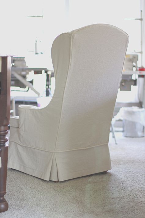 twin fibers: My Sewing Workroom and Wingback Chair Slipcovers Slipcover Wingback Chair, Slipcover For Wingback Chair, Slipcovered Wingback Chair, Wingback Chair Slipcovers, Birthday Chair, Mid Century Modern Farmhouse, Furniture Reupholstery, Slip Covers, Chair Slipcovers