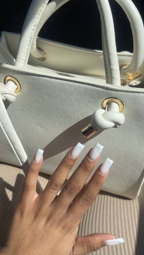 White French Tip White Base, Milky French Tip Toes, White French Tip With White Base, White On White Nails French, Long Square Nails White, Milk White French Tip Nails, White Full Set Nails, All White French Tip Nails, Thick White French Tip Nails