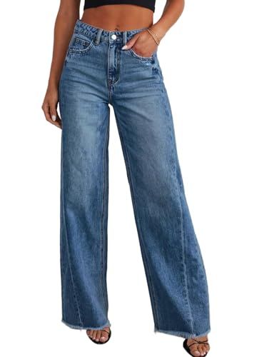 Sidefeel Women's Wide Leg Jeans High Waisted Strechy Raw Hem Denim Pants Drawstring Jeans, Vintage Wash Jeans, Moda Denim, Mid Waist Jeans, Trendy Jeans, Moda Jeans, Harajuku Streetwear, Long Trousers, Baggy Pants