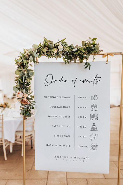 "- BUY 3 OR MORE GET 50% OFF! - Discount applied automatically at checkout. - TRY the Free DEMO Before You Buy! Looking for a simple and stylish way to guide your guests through the order of events at your wedding? Look no further than our \"Order of Events\" sign Corjl template! With its clean and modern design, this template is the perfect way to ensure your guests know what's happening while also adding a chic touch to your wedding décor. Using our easy-to-use Corjl platform, you can customiz Order If Events Wedding Sign, Wedding Order Of Day Sign, Simple Outside Wedding Decorations, Wedding Running Order, Clothes Rail Wedding Sign, Wedding Timeline Day Of Sign, Signs To Have At Your Wedding, Order Of Events Sign Wedding, Wedding Sign List