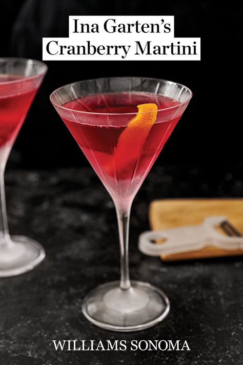 Ina Garten once filmed a Food Network special called Thanksgiving Live to answer viewers’ questions about cooking Thanksgiving dinner. Bobby Flay made a delicious cranberry martini to sip while they worked (what a good idea!). They look so festive and her guests loved them! Infuse the vodka with the orange zest and cranberries at least 2 days ahead. Ina Garden Cranberry Martini, Ina Garten Cranberry Martini, Cranberry Martini Ina Garten, Ina Garten Cocktail Recipes, Cranberry Martini Recipes Vodka, Cranberry Orange Martini, Ina Garten Make Ahead Recipes, Crantini Recipe Cocktails, Cranberry Martini Vodka