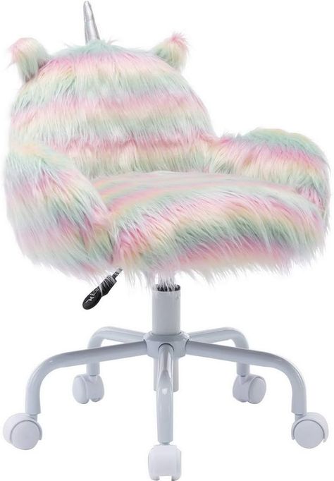 Amazon.com: Wahson Cute Unicorn Home Office Chair with Wheels, Teens/Kids/Girls Swivel Study Desk Chair for Living Room, Bedroom, Faux Fur, Rainbow Colour : Home & Kitchen Unicorn Chair, Kotak Bento, Kid Furniture, Fluffy Unicorn, Unicorn Room, Bilik Idaman, Fluffy Comforter, Rolling Chair, Kids Desk Chair