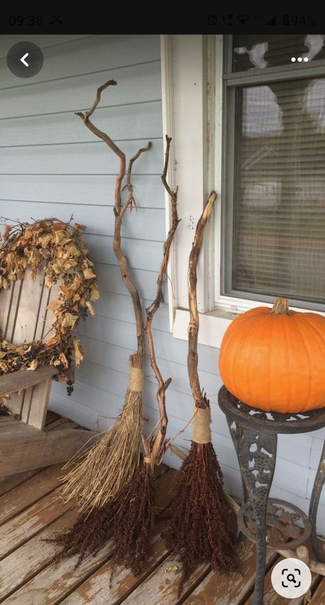 Witch Broom Stick Diy, Diy Wicker Witch Hat, Forest Witch Halloween Decor, Halloween Broom Diy, Homemade Witches Broom, Witches Broom Craft, Witches House Halloween, How To Make A Witches Broom Diy, Diy Broomstick Witch Broom