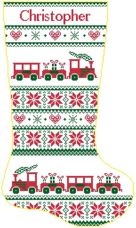 Cross Stitch Train, Christmas Cross Stitch Alphabet, Stocking Cross Stitch Pattern, Christmas Stocking Cross Stitch, Snowman Cross Stitch Pattern, Cross Stitch Stocking, Cross Stitch Christmas Stockings, Stocking Designs, Holiday Cross Stitch