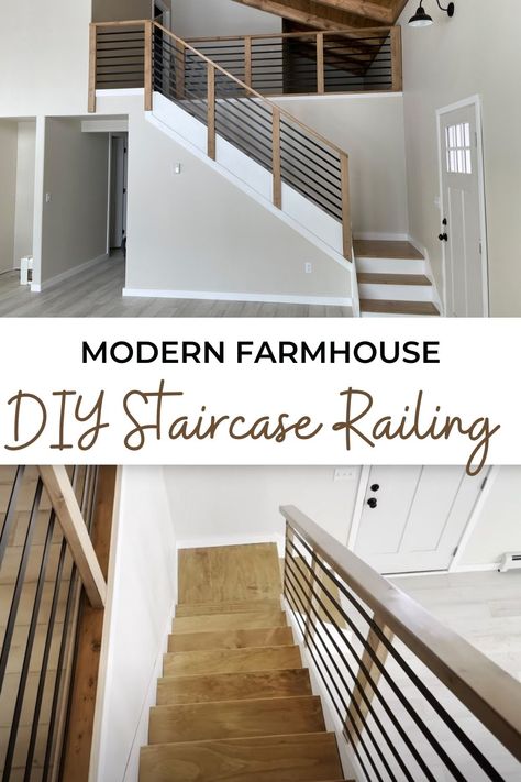 Diy Staircase Railing, Indoor Stair Railing, Farmhouse Staircase, Diy Stair Railing, Loft Railing, Indoor Railing, Stairs Renovation, Staircase Railing, Modern Farmhouse Diy