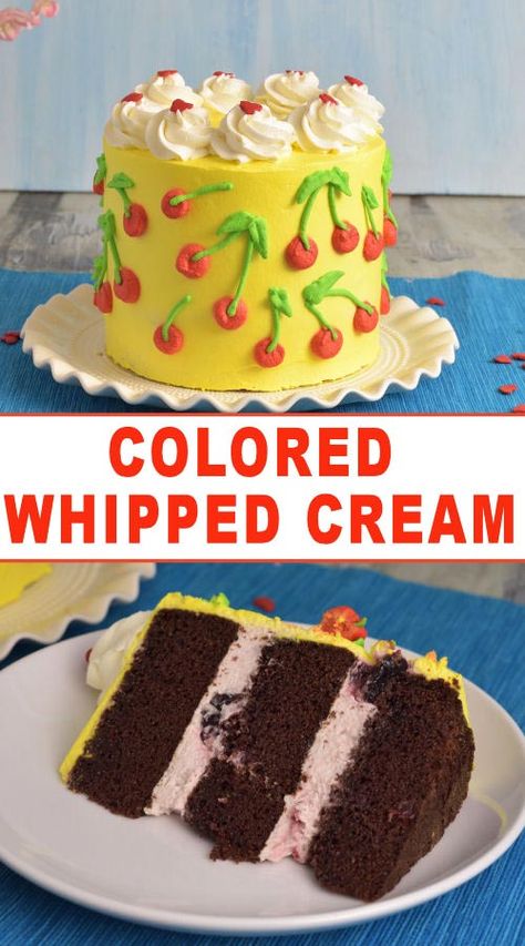 How to make Colored Whipped Cream and how to frost a cake with it. Color Whipped Cream Frosting, Colored Whipped Cream Frosting, Coloring Whipped Cream Frosting, Colored Whipped Cream, Whipped Cream Frosting Cake, Cherry Cake Filling, Whipped Icing Recipes, Frost A Cake, Decadent Recipes