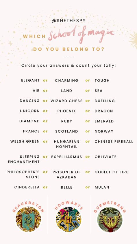 Harry Potter Universe - Which magical school do you belong to? For your Instagram story by @shethespy She The Spy, School Magic, Harry Potter Test, Harry Potter House Quiz, Harry Potter Sorting, Harry Potter Sorting Hat, Harry Potter Quizzes, Harry Potter Houses, Harry Potter Theme