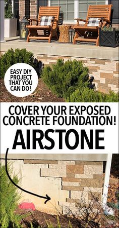 We finally fixed that pesky exposed concrete foundation on the front of our home with the help of @airstoneveneer! Love how it turned out and it only took us 2.5 hours to complete from start to finish!! #ad #airstone Faux Stone Veneer, Concrete Foundation, Concrete Paint, Painted Concrete, House Foundation, Porch Makeover, Exterior Makeover, Exposed Concrete, Casa Exterior