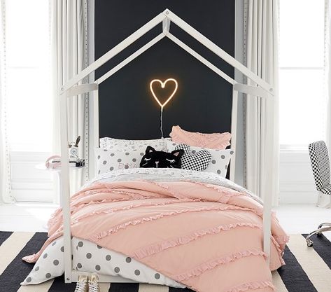 Tent Fantasy Kids Bed | Pottery Barn Kids Ruffle Comforter, Kids Bed, Twin Bed Frame, House Beds, House Bed, Big Girl Rooms, Kids' Bed, Design Living Room, White Bedding