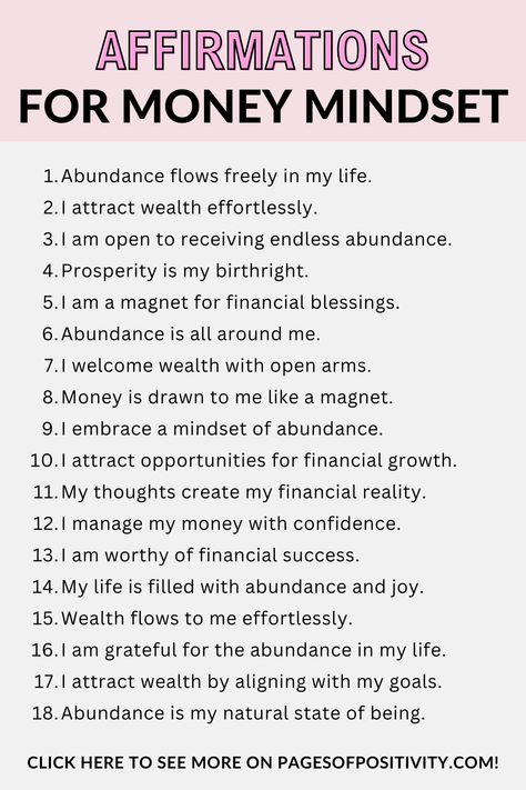 pin that says in a large font Affirmations for Money Mindset Money And Job Affirmations, Positive Money Affirmations Wealth, Abundance Mindset Affirmations, Saving Money Affirmations, Powerful Money Affirmations, Positive Quotes Motivation Daily Affirmations For Women, Manifestation Scripting, Positive Money Affirmations, Affirmations For Abundance