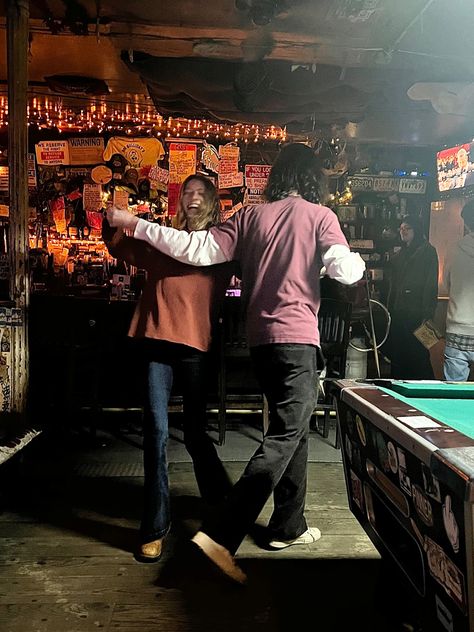 Interesting Life Aesthetic, Dancing In Refrigerator Light, Couples Party Aesthetic, Dancing In A Bar Aesthetic, Dancing In The Living Room Aesthetic, New York Dive Bar, Bar Dancing Aesthetic, Downtown Bar Aesthetic, Bar Photoshoot Ideas Friends