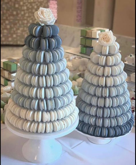 Macaroon Table Wedding, Dusty Blue Dessert Table Wedding Ideas, Sweet 16 Blue And White Theme, Blue Sweets Table, Blue Dessert Ideas, Pale Blue Wedding, Macaroon Cake, Blue Wedding Favors, Bar A Bonbon