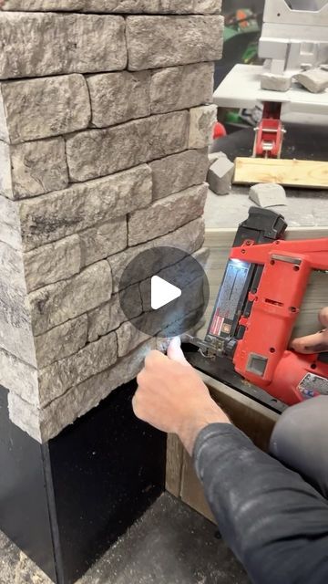 Kevin Choquette on Instagram: "This is a cool feature we used for the booth.  An @evolve.stone removable column wrap that made 2 trips and 3 setups with no damage.  Cuts with a regular wood blade, fastens with finish nails.   And of course we topped it off with a built out versawrap kit and some @inlite_global lighting!  #carpentry #deckbuilding #tipsandtricks #masonry #stone #composite #decking #pvc" Patio Posts Wraps, Patio Columns Ideas, Diy Column Wrap, Column Wrap Ideas, Brick Columns Porch, Deck Post Wrap Ideas, How To Wrap Porch Posts, Front Porch Columns Makeover, Diy Stone Pillars