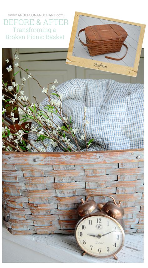 What can you do with a picnic basket that has a broken handle?  Why not transform it into a decorative storage basket by removing the lid an... Basket Ideas Decorative, Picnic Basket Decor, Painting Baskets, Basket Makeover, Thrift Store Diy, Painted Baskets, Old Baskets, Decorative Storage Baskets, Diy Upcycling