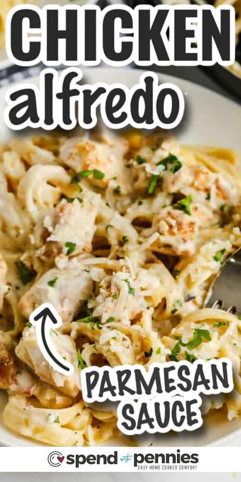 This chicken Alfredo recipe is ready in just 30 minutes. Perfect for date night or a night in with the family, serve with a crisp Caesar salad and some garlic bread for a hearty, delicious meal any day of the week. #chickenalfredo #recipe #pasta #homemade #spendwithpennies Homemade Chicken Alfredo Recipe, Homemade Chicken Alfredo, Crockpot Chicken Alfredo, Chicken Alfredo Recipe, Creamy Pasta Dishes, Chicken Alfredo Recipes, Easy Crockpot Chicken, Recipe Pasta, Pasta Casserole