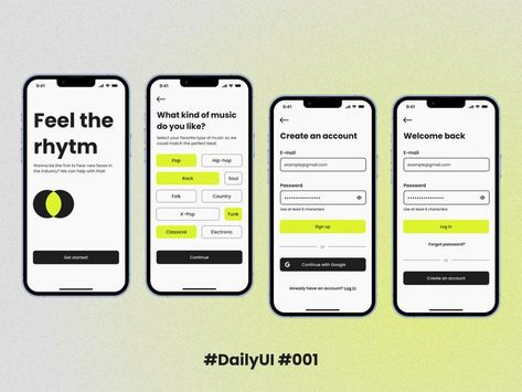 Mobile screens of music app sign up process & onboarding Dispatch Dating, Sign Up Ui, Habit Tracker App, Onboarding App, Enneagram 8, App Form, Basic Computer Programming, App Screen, Event App