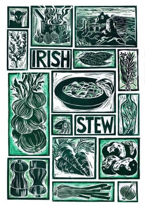 Irish Stew Recipe, Illustrated Recipe, Recipe Tea Towel, Irish Stew, Linocut Printmaking, Lino Art, Relief Printing, Lino Cut, Linocut Art