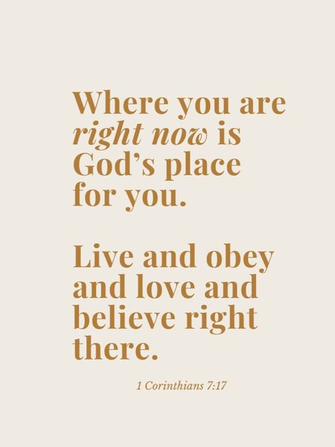 Have you ever felt abandoned in a season of life? Maybe you're longing for a spouse but feel stuck in a season of singleness. Maybe you feel called to entrepreneurship but feel trapped in you day job. Maybe you are begging God for revival in your city but you feel like no progress is seen. The truth we find in 1 Corinthians 7:17 is "Where you are right now is God's place for you. Live and obey and love and believe right there." Season Of Singleness, Breath Prayers, Living Journal, Christian Journals, Now Quotes, Bible Resources, Lifestyle Blogs, Inspirational Bible Quotes, Bible Verses Quotes Inspirational