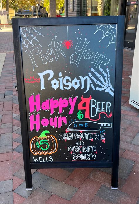 Chalkboard Ideas Restaurant, Bar Boards Chalkboards, Special Boards Restaurant Ideas, Halloween Bar Sign Ideas, Funny Chalkboard Art, Happy Hour Signs Chalkboard, Halloween Cafeteria Decorations, Halloween Bar Sign, Happy Hour Chalkboard Signs