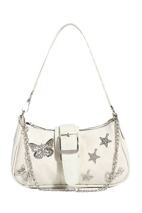 Y2K Star Butterfly White Handbag, cute baguette bag, 2000s aesthetic accessories, boogzel Bag Accessories Aesthetic, Bag 2000s, Handbags Aesthetic, Aesthetic Purse, Bags Y2k, Aesthetic Store, Accessories Y2k, Accesorios Aesthetic