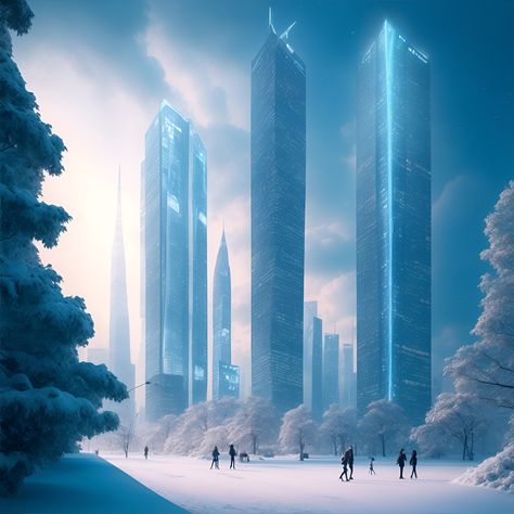 an ice covered cyber city in winter Futuristic Ice City, Sci Fi City Illustration, Winter Cyberpunk City, Futuristic Winter City, Ice City Concept Art, Ice City Fantasy Art, Ice Apocalypse, Sci Fi City Concept Art, Frozen City