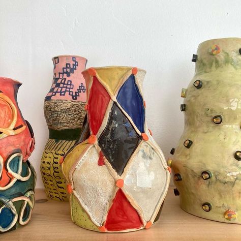 Ceramics 2 Projects, Maximalist Pottery, Kids Ceramics Projects, Ceramic Project Ideas, Pot Design Ideas, Hand Building Pottery Ideas, Bohemian Pottery, Vessel Pottery, Handbuilding Ceramics