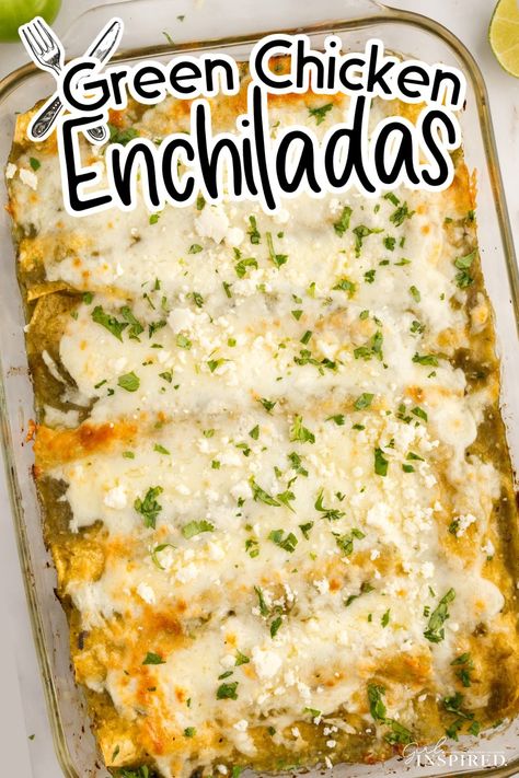 Green chicken enchiladas are packed with so much flavor, with a hint of heat, and is an easy Mexican dinner that's ready in just 45 minutes. Plus, they freeze and reheat well, so make a big batch for later! Chicken Enchiladas Freezer Meal, Green Chicken Enchilada Casserole, Easy Mexican Dinner, Best Chicken Enchilada Recipe, Rotisserie Chicken Enchiladas, Chicken Enchiladas Verde, Green Chili Chicken Enchiladas, Chili Enchiladas, Green Chicken Enchiladas