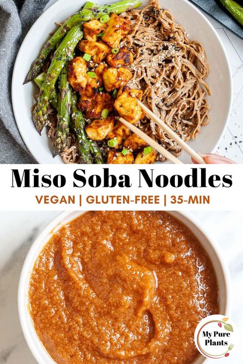 Tofu Soba Noodle Recipe, Miso Noodles, Edamame Noodles, Soba Recipe, Miso Tofu, Noodle Ideas, Vegan Noodles Recipes, Uni Meals, Tofu Bites