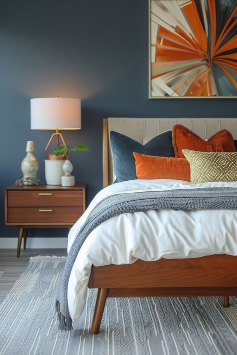 42+ Bedroom Color Scheme Ideas to Refresh Your Sanctuary - Blushiee Mcm Bedroom Ideas, Mid Century Modern Bedroom Colors, Cat Bedroom, Ideas Habitaciones, Whimsical Bedroom, Stylish Tips, Orange Bedroom, Living Room Themes, Retreat House