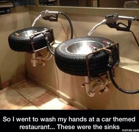 How awesome!! Will have to use these for hunnies sink in his shop when we build it!!! Unique Bathroom Sinks, محطة وقود, Dekorere Bad, Car Parts Decor, Unique Sinks, Garage Furniture, Mechanic Shop, Car Part Furniture, Automotive Furniture