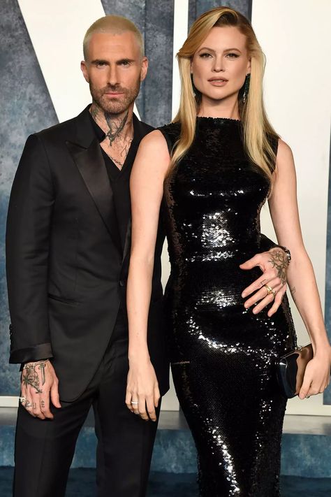 Adam Levine And Behati Prinsloo, Behati Prinsloo And Adam Levine, Adam Levine Behati, Behati Prinsloo Style, Adam Levine Behati Prinsloo, Adam Levine Style, Black Sequin Gown, Couples Weekend, Oscars Party