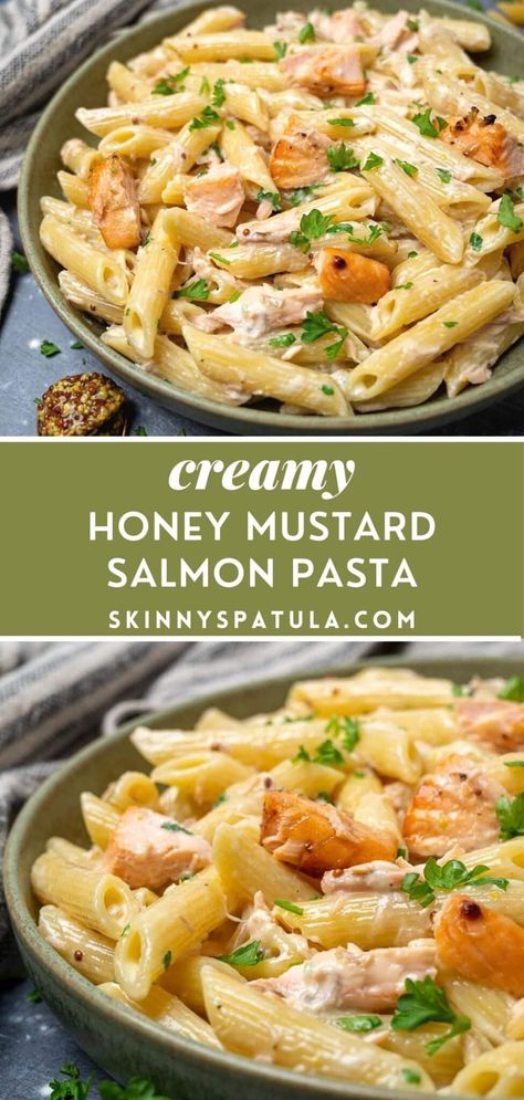 Creamy Honey Mustard Salmon Pasta Pasta Sides For Salmon, Honey Mustard Chicken Pasta, Salmon With Noodles Recipes, Easy Salmon Pasta Recipes, Salmon And Pasta Recipes Healthy, Honey Mustard Pasta Salad, Canned Salmon Pasta Recipes, Mustard Pasta Sauce, Salmon Pasta Recipes Creamy