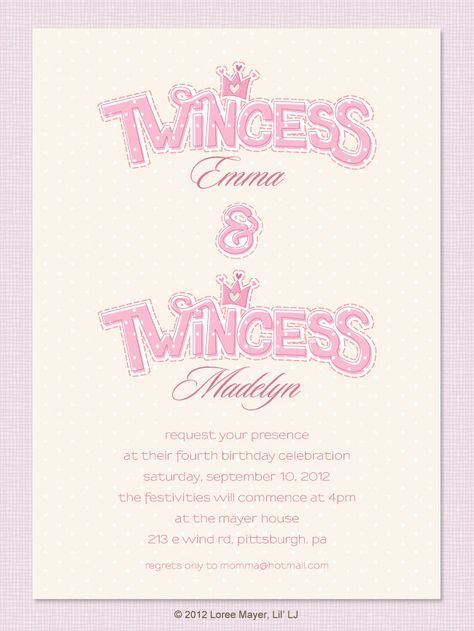 Twincess Birthday Invitation for Twin Girls, Princess. Twin Birthday Themes, Twin Birthday Cakes, Girls 3rd Birthday, Twin Birthday Parties, Wedding Invitations Save The Date, Twin Baby Girls, Girl Bday Party, Twins Birthday, Baby Twins