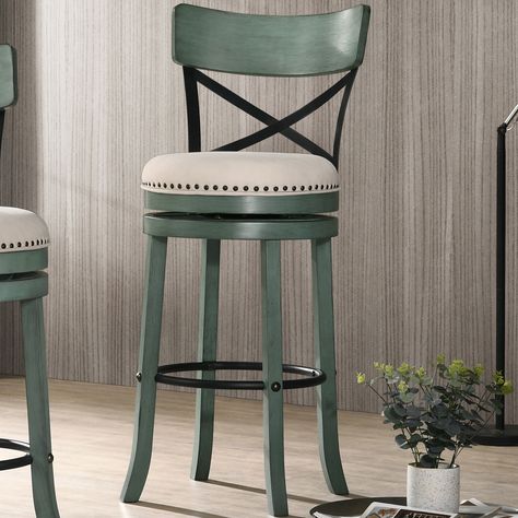 Adorn your kitchen counter or kitchen bar with this set of barstools for a complete modern farmhouse look. The curved wood backrest is complimented by a black metal x-back design for that country-style comfort. Green Bar Stools, Deep Conversation, Green Bar, Train Of Thought, Counter Height Chairs, Antique Green, Curved Wood, Ornate Furniture, Swivel Seating