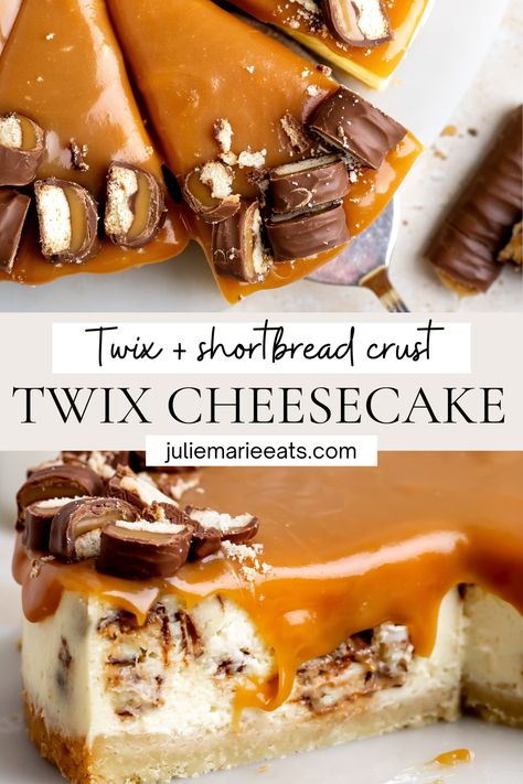 Chocolate Bar Cheesecake, Twix Cheesecake Bars, Kitkat Cheesecake Recipes, Cheese Cakes Design Ideas, Crazy Cheesecake Recipes, Sugar Cookie Cheesecake Recipe, Twix Cheesecake No Bake, No Bake Twix Cheesecake Recipes, Fancy Cheesecakes