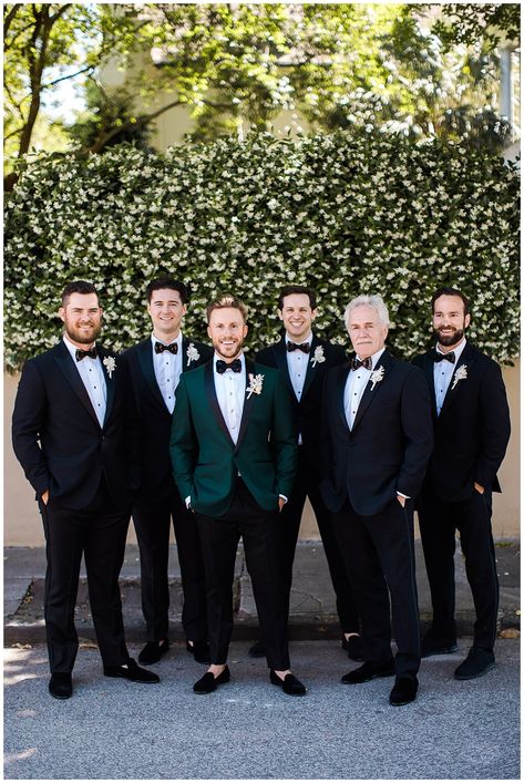 Emerald Green Tuxedo Wedding Groomsmen, Black Tuxedo With Emerald Green Tie, Emerald Green Tuxedos, Emerald Wedding Suit Groom, Emerald Green Weddings Groom, Groom And Groomsmen Attire Emerald Green, Green And Black Groom Suit, Dark Green And Black Groom Suit, Green Tux For Groom