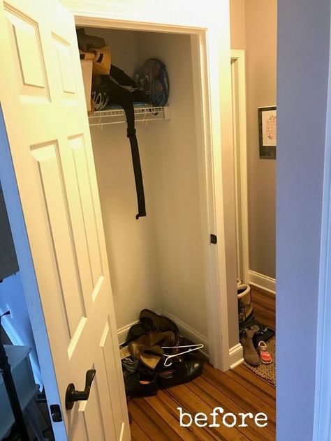 Coat Closet To Mudroom, Closet Into Mudroom, Closet Turned Mudroom, Mini Mudroom, Small Coat Closet, Functional Mudroom, Mudroom Closet, Front Closet, Mudroom Makeover