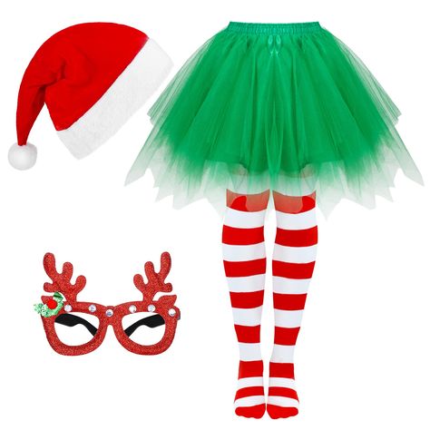 PRICES MAY VARY. Polyester Hand Wash Only Cute costume set: you will receive 1 piece of green tutu skirt,1 pair of red and white striped tights, 1 pair of glitter reindeer eyeglasses and 1 piece of Christmas Santa hat, which are suitable for your Christmas dressing up Fitting size: the Christmas tutu skirt is about 27.6 inches in waist circumference and can be stretched to 47.2 inches, and the length is about 17.7 inches, which can fit most women; The Christmas hat, eyeglasses and stockings are Whoville Costumes, Red Tutu Skirt, Grinch Costumes, Green Tutu, Christmas Tutu, Red Tutu, Striped Stockings, Christmas Skirt, Glitter Frame