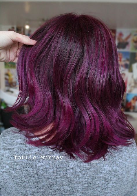 Plum passion purple magenta pink red hair colour changing color ideas wavy bob mid length hair deep bright color fue ideas girls women’s salon ‍♀️ Cherry Red Hair With Purple Highlights, Muted Magenta Hair, Short Purple Red Hair, Magenta Bob Hair, Magenta And Brown Hair, Purple Hair Shoulder Length, Berry Hair Color Plum, Deep Magenta Hair, Dark Fuschia Hair