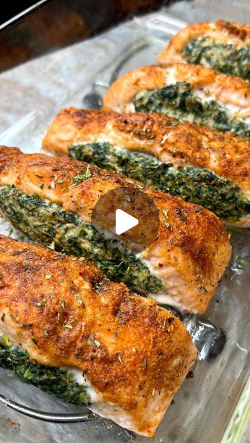 Blackened Salmon Stuffed With Spinach, Blackened Salmon Stuffed With Spinach And Parmesan, Spinach Recipes Videos, Smoked Stuffed Salmon, Salmon Pieces Recipes, Salmon Sweet Potato Recipes, Stuff Salmon With Spinach, What Goes Good With Salmon, Stuffed Salmon Recipes Spinach